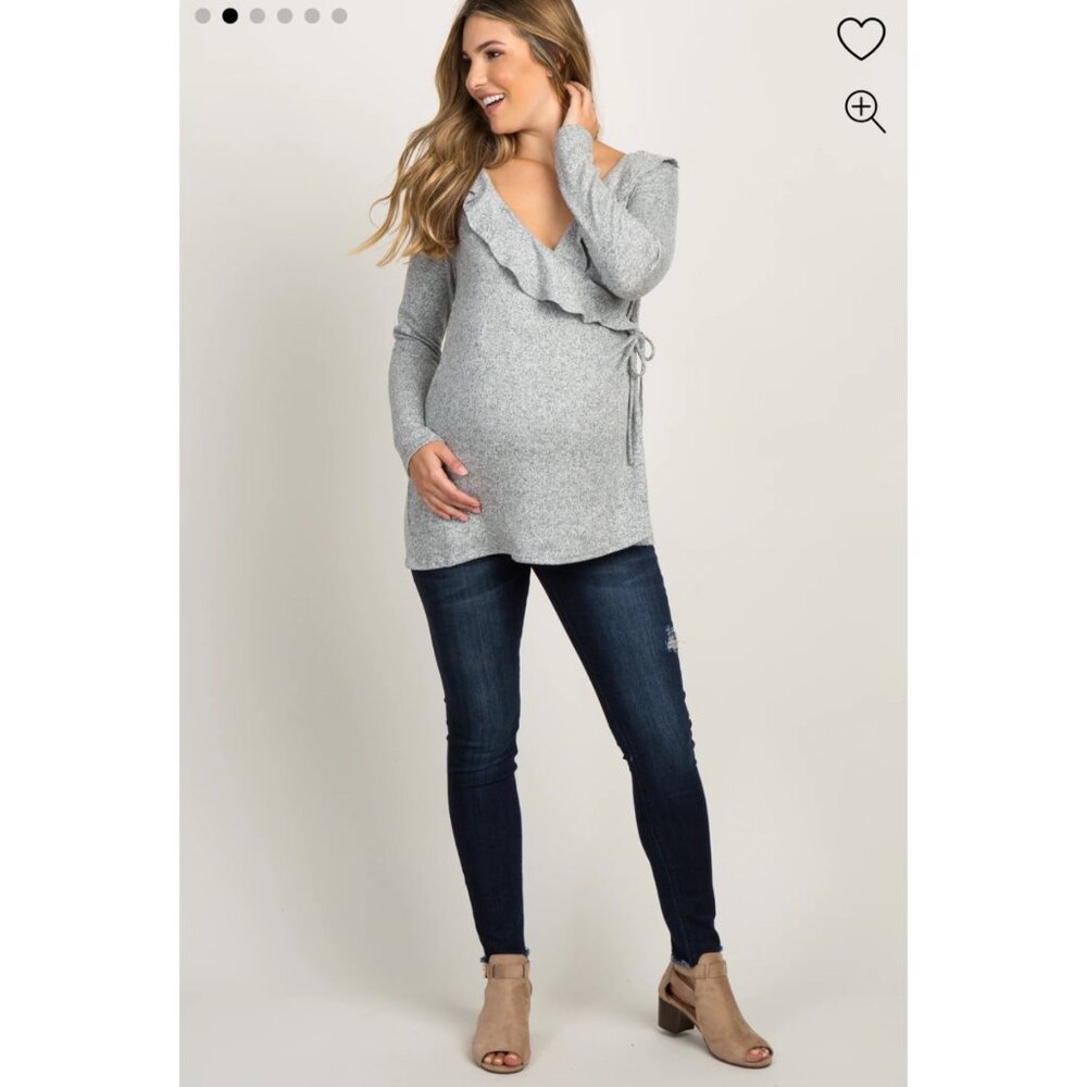 PinkBlush Heather Grey Ruffle Trim Maternity Nursing Wrap Top Small Women's